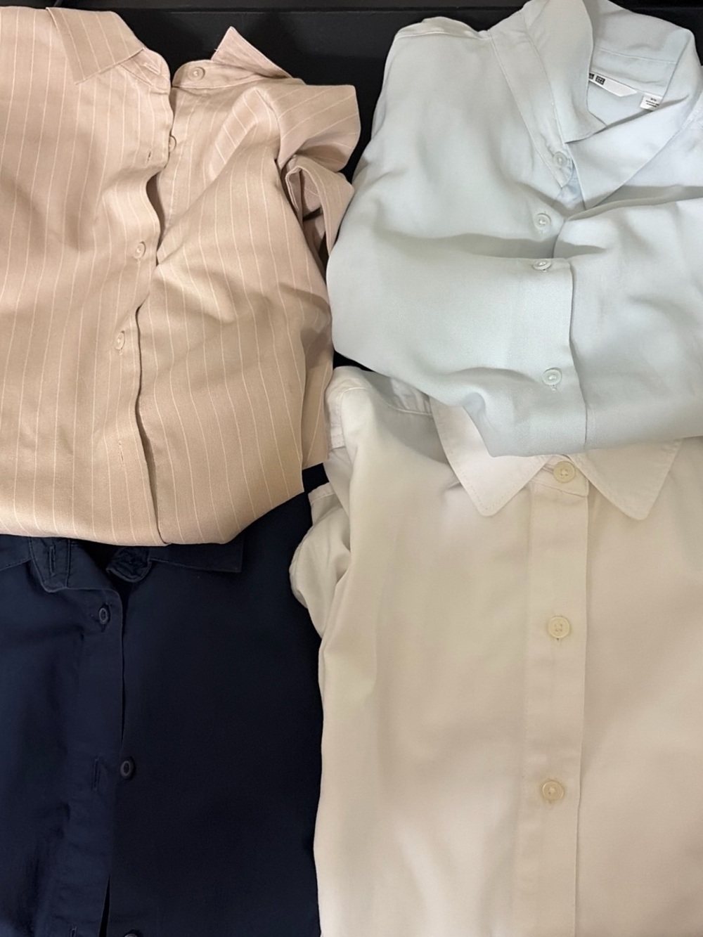 Uniqlo women’s Button-Down Shirt bundle — striped cream, Light Blue, tan, dark